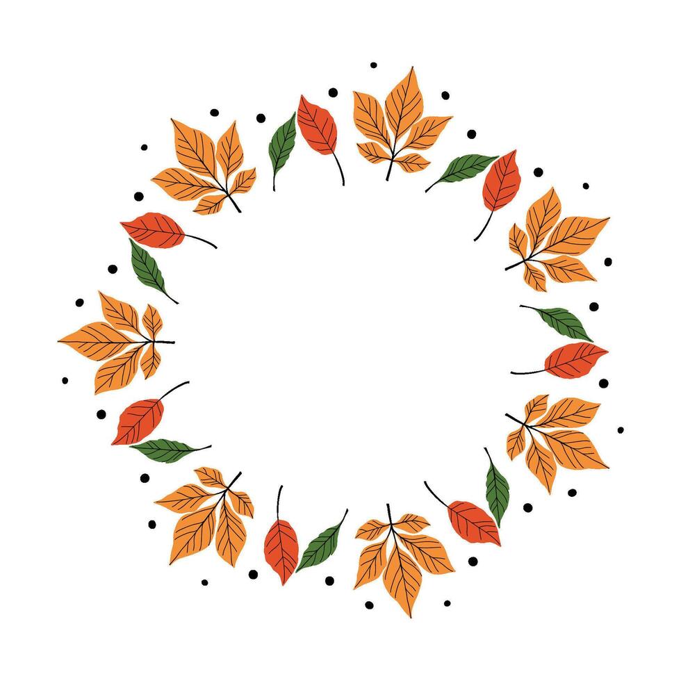 Autumn leaf wreath illustration with colorful red, orange, and green leaves vector