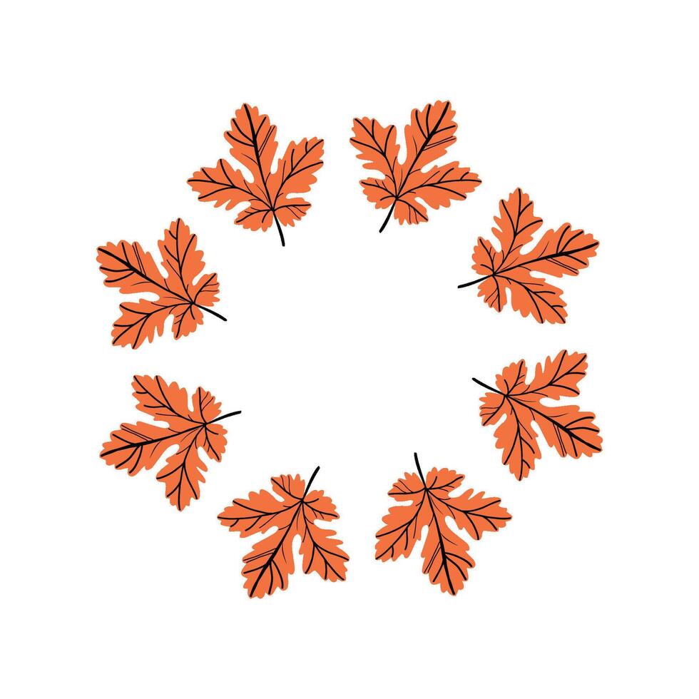 Autumn leaf wreath illustration with colorful orange leaves arranged in a circular frame on white background. vector