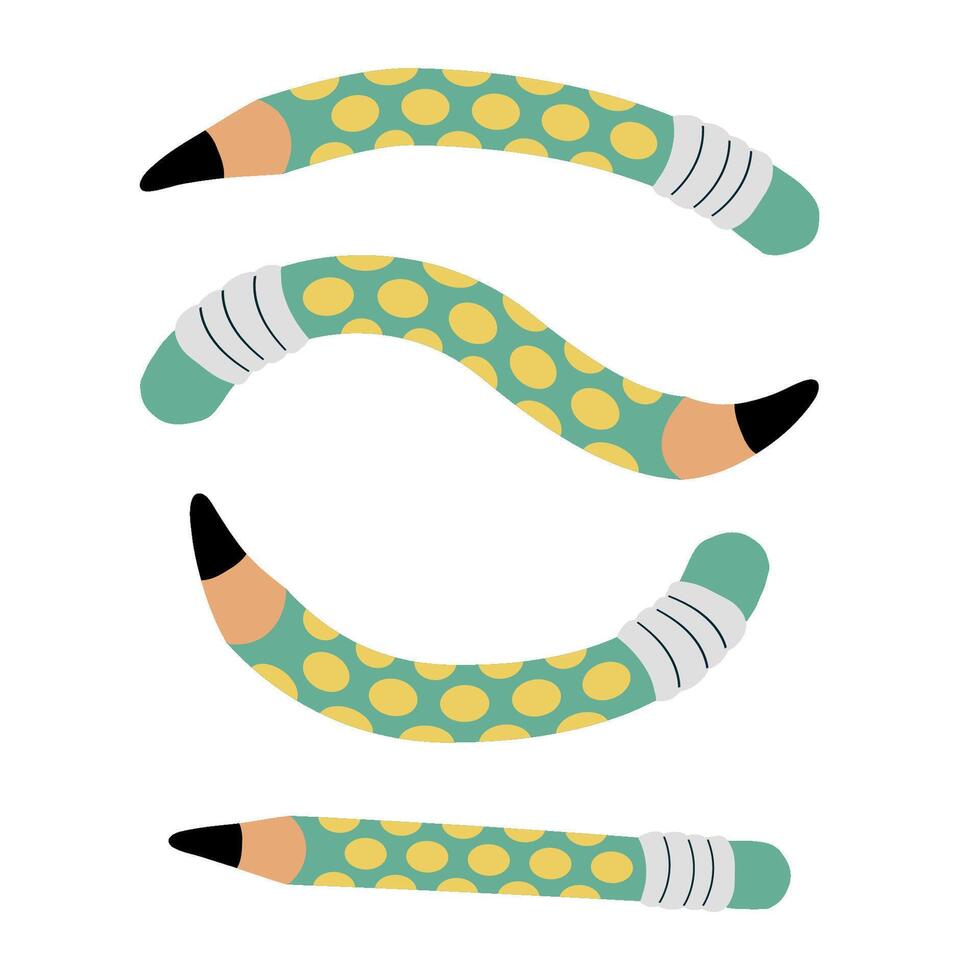 Funny cartoon pencils with polka dots in various bendy shapes for creative and kids-themed designs. vector