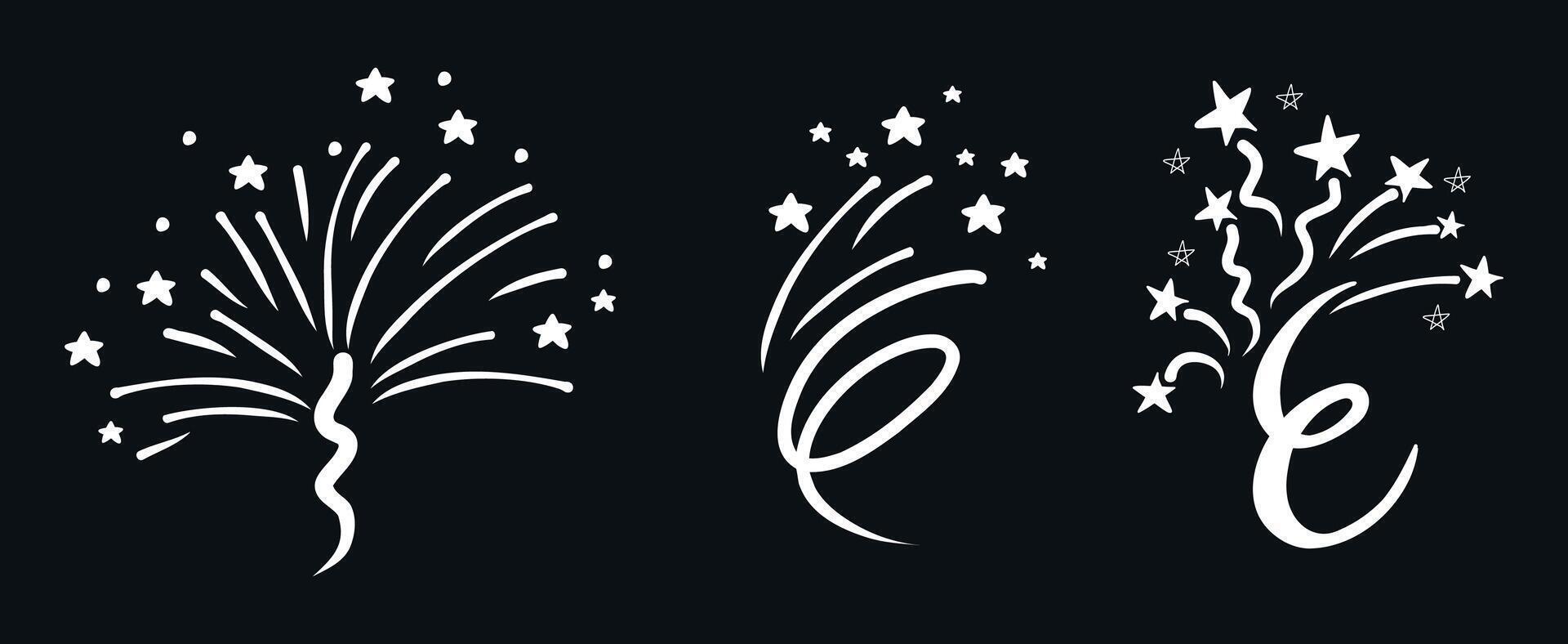 illustration of three decorative white firework bursts with stars and spark trails on a black background, ideal for celebration design. vector