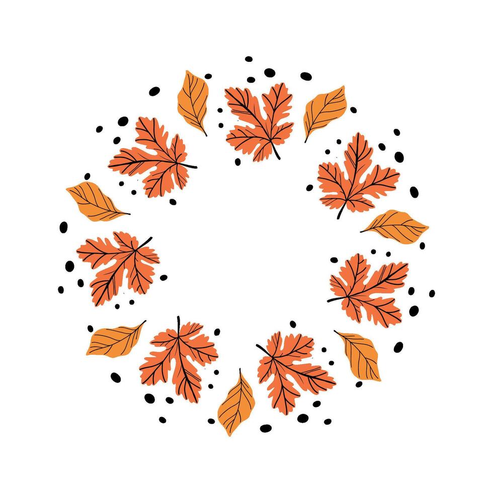 Autumn leaf wreath illustration with colorful orange leaves arranged in a circular frame vector