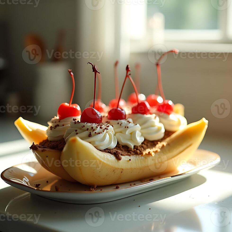 Making Banana Split Dessert with Cream and Cherries photo