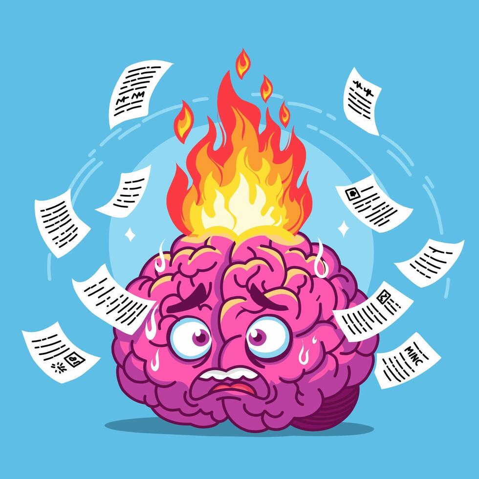 Cartoon brain with flames and papers vector