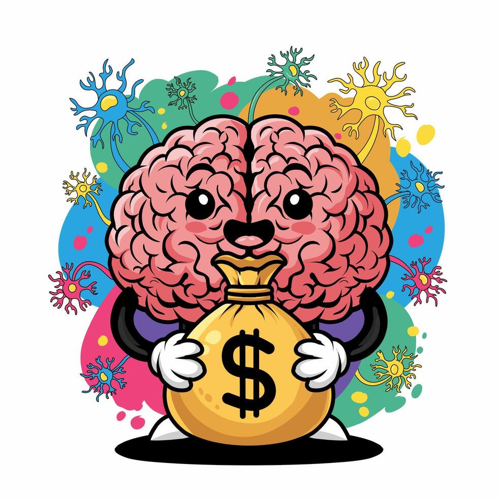 Brain character holding money bag vector