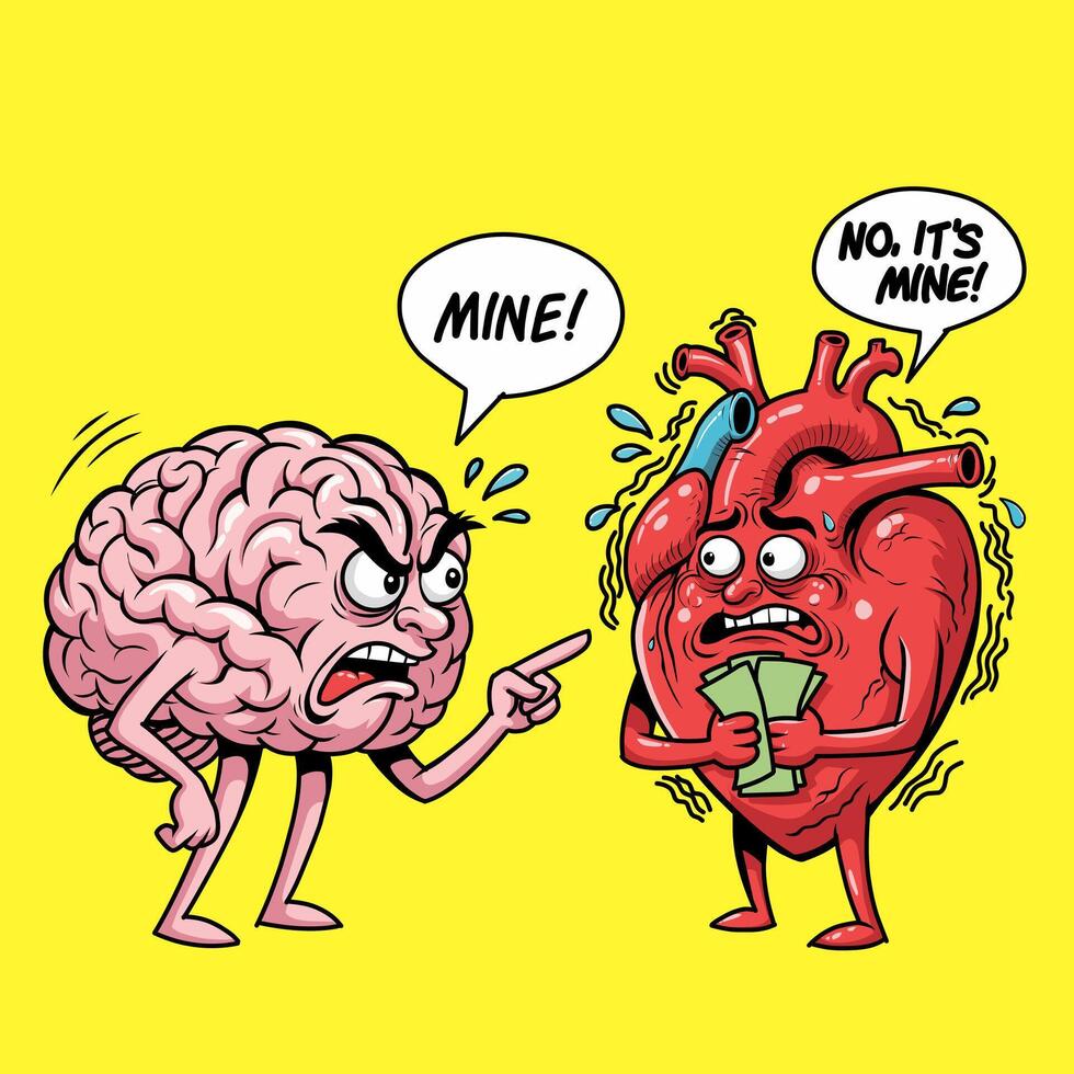 Brain and heart animated characters arguing vector