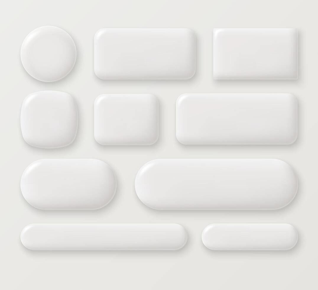 Set of white blank glossy monochrome buttons of different shapes in 3D style. Round, square and rectangular icons or frames. vector