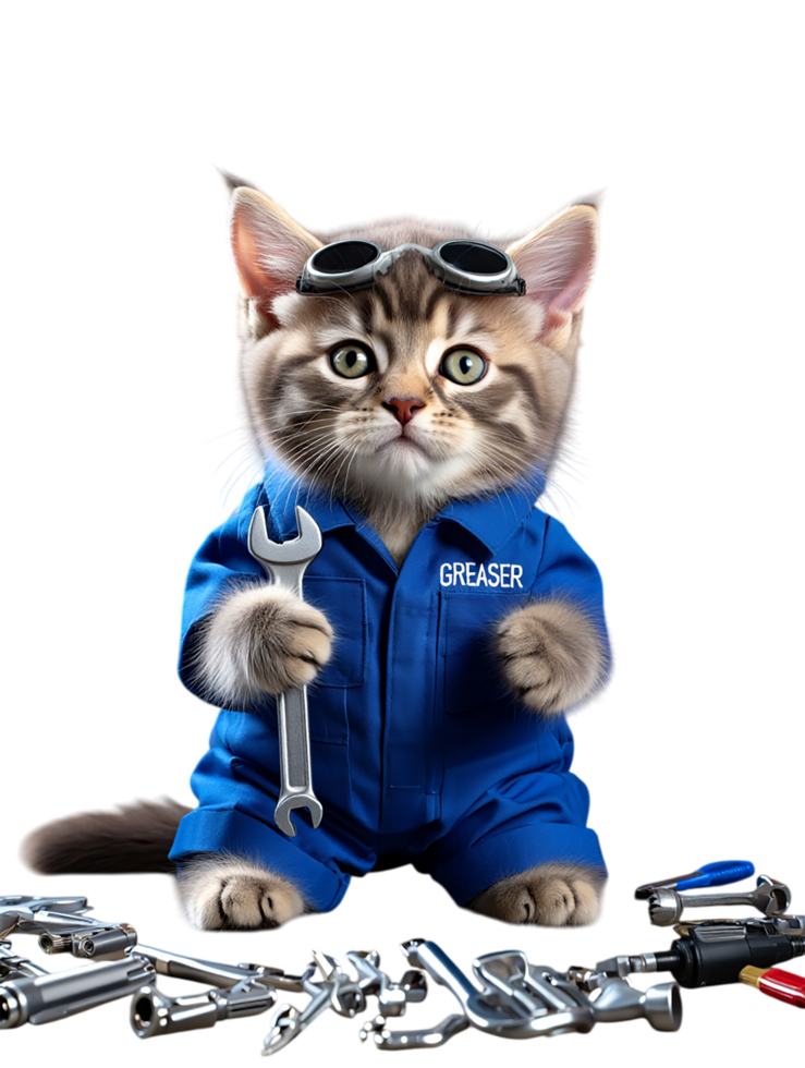 a cat in a blue uniform holding a wrench png