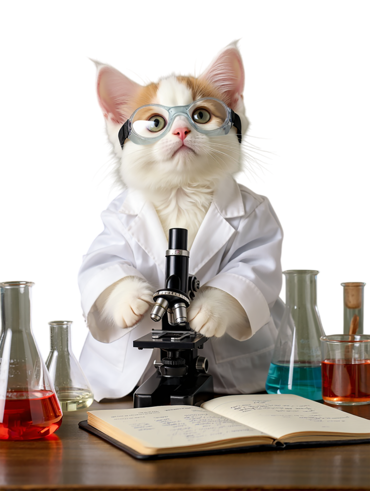a cat in a lab coat is looking at a microscope png