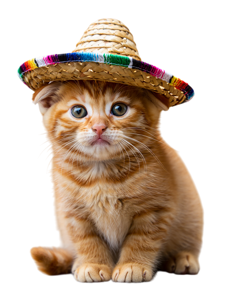 a kitten wearing a sombren hat on a transparent background png