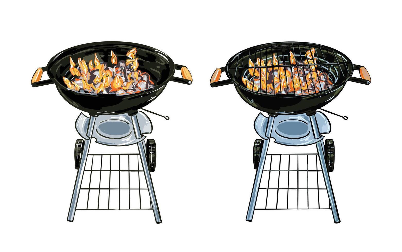 BBQ Charcoal Grill with Flames and Cooking Grate Set vector