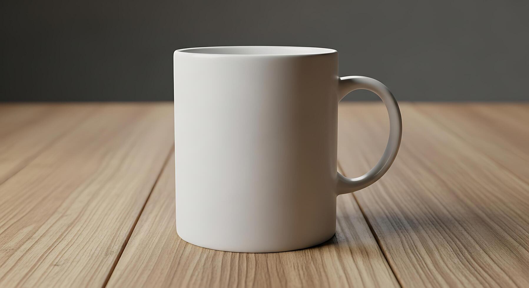 A white mug on a wooden table photo