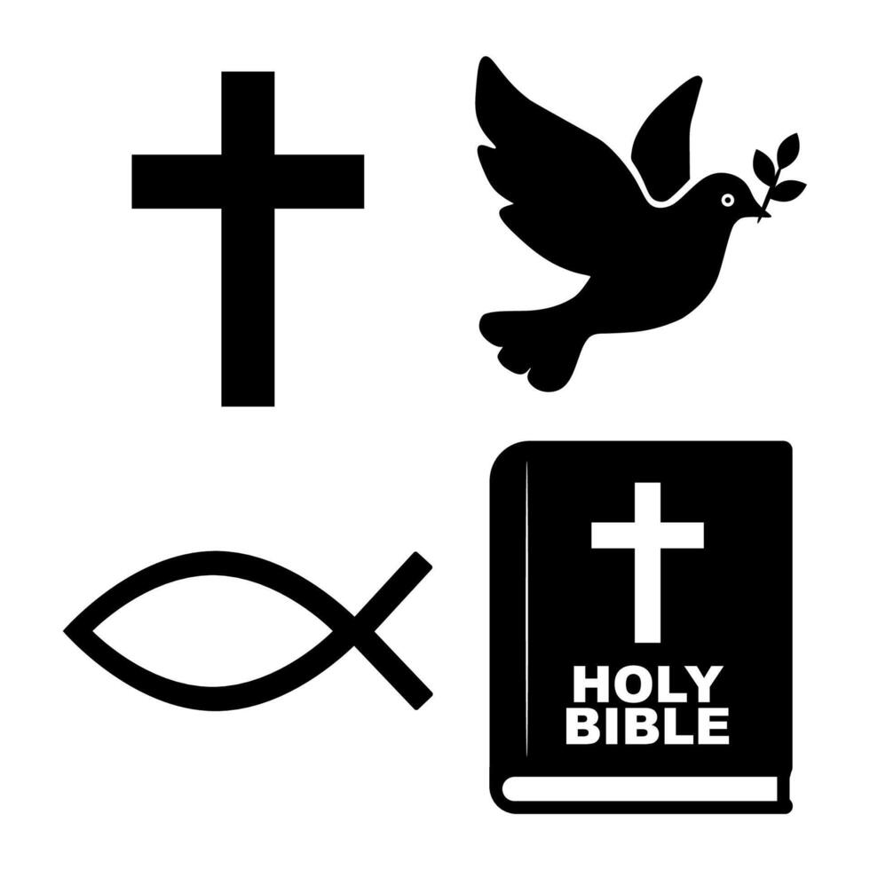 Christian faith symbols icon set cross, dove, fish, Bible. illustration vector