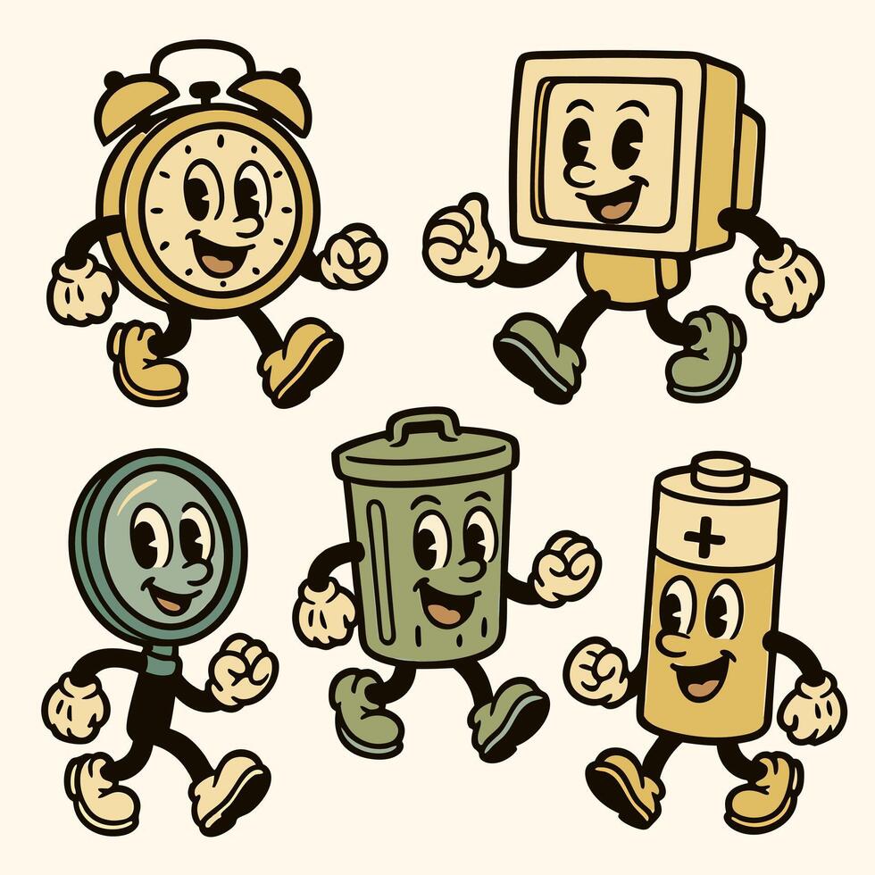 Retro Cartoon Mascot Characters of Clock, Computer, Magnifier, Trash Can, and Battery vector