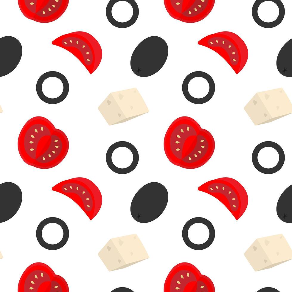 Olives Cheese Cubes and Tomatoes slices Seamless Pattern Healthy Eating Ingredients Food Background. Isolated illustration Food Themes or Menu Cards, promo banner, leaflets, labels, price tags vector