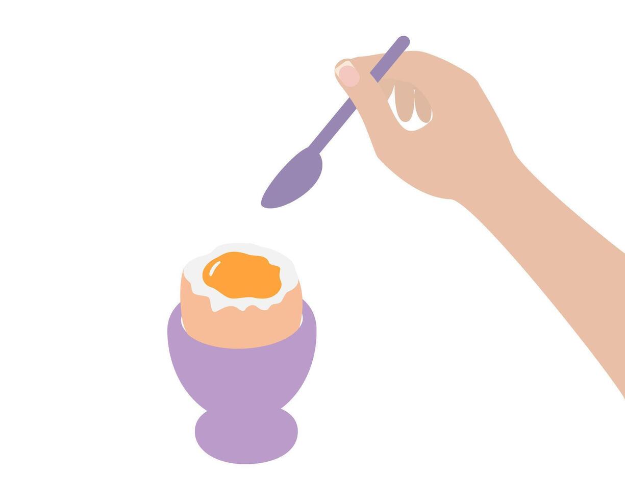 European Women Hand Hold spoon under Soft Boiled Egg in Lavender Egg Bowl Healthy breakfast design. Isolated illustration Food Poster or Menu Cards idea Promo banner, leaflets, label, price tag vector