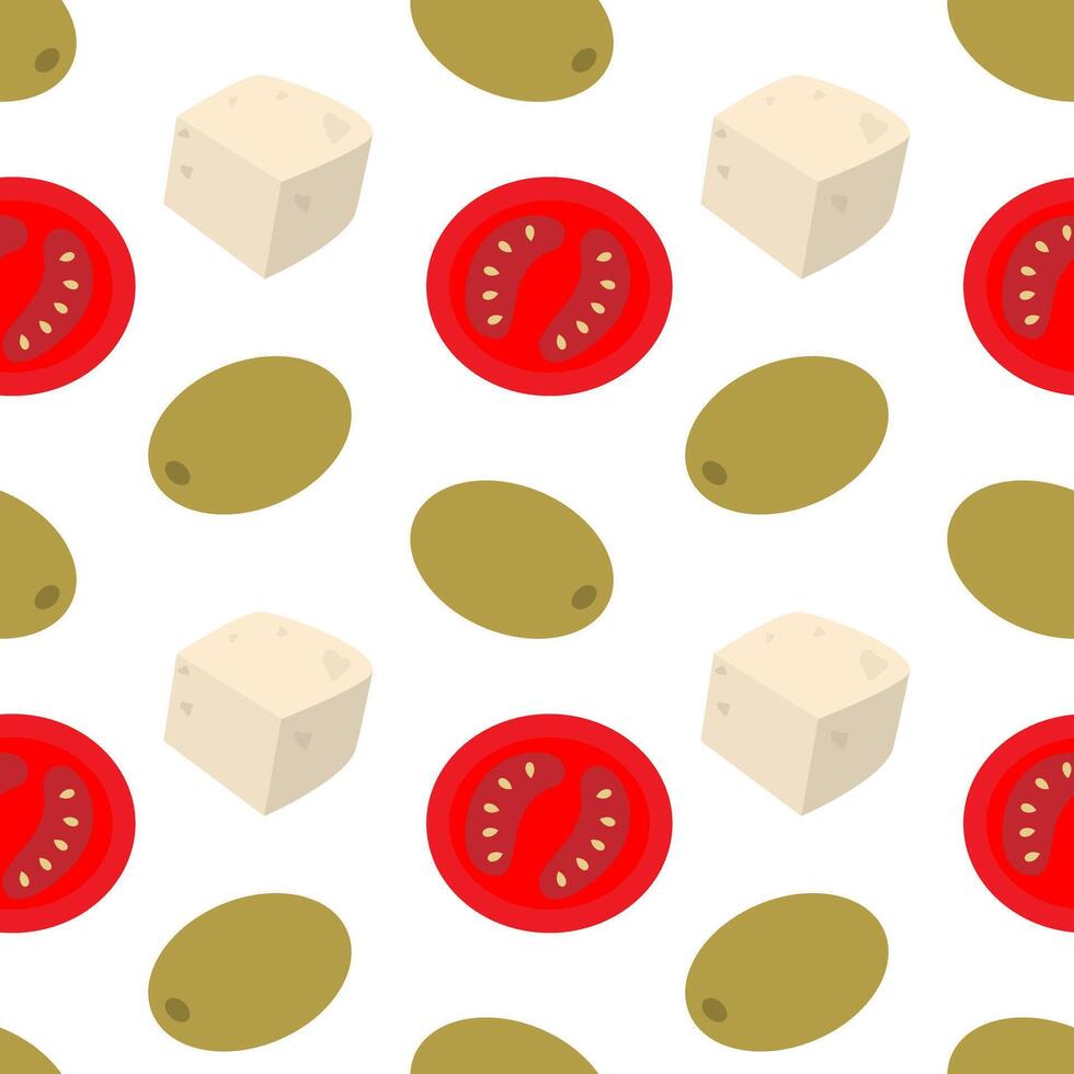Tomatoes slices Cheese Cubes and olives Seamless Pattern Food Poster Healthy Eating Background idea. Isolated illustration Thematic or Menu Cards Backdrop Banner, leaflet, price tag, media post vector