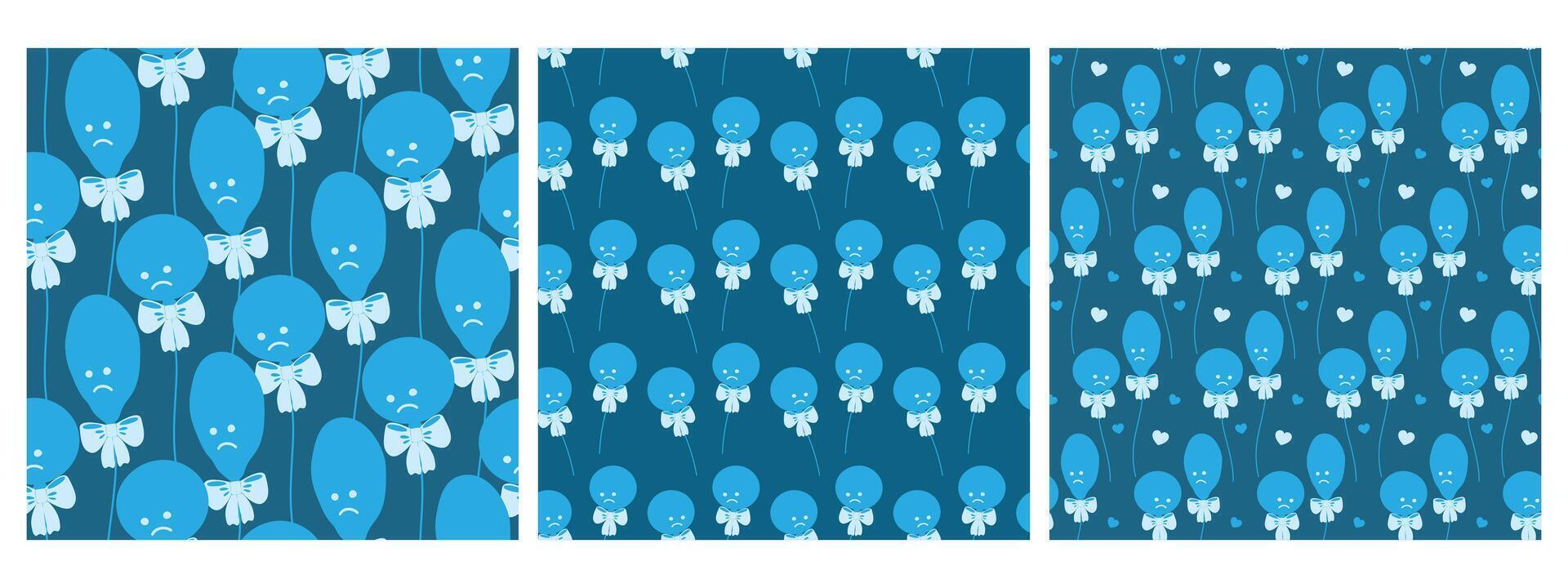 Hand Drawn Blue Balloons Round and Deflated Seamless Patterns on Dark Blue Backdrop Holiday Fond Set. Isolated illustration Blue Monday Holiday Greeting Card Invite, leaflet, banner, label, tag vector