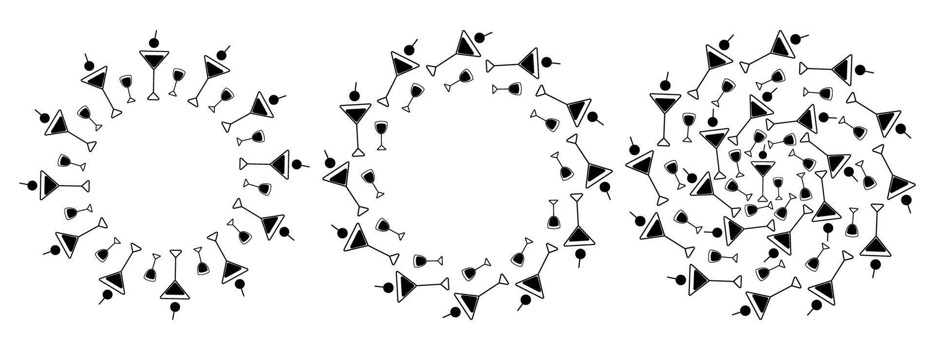 Minimalistic Hand Drawn Cocktail glasses Circular Frame border and Backdrop Copy space Template Set. Isolated illustration Alcohol Thematic Menu Cards, poster or banner, leaflet posting, label vector