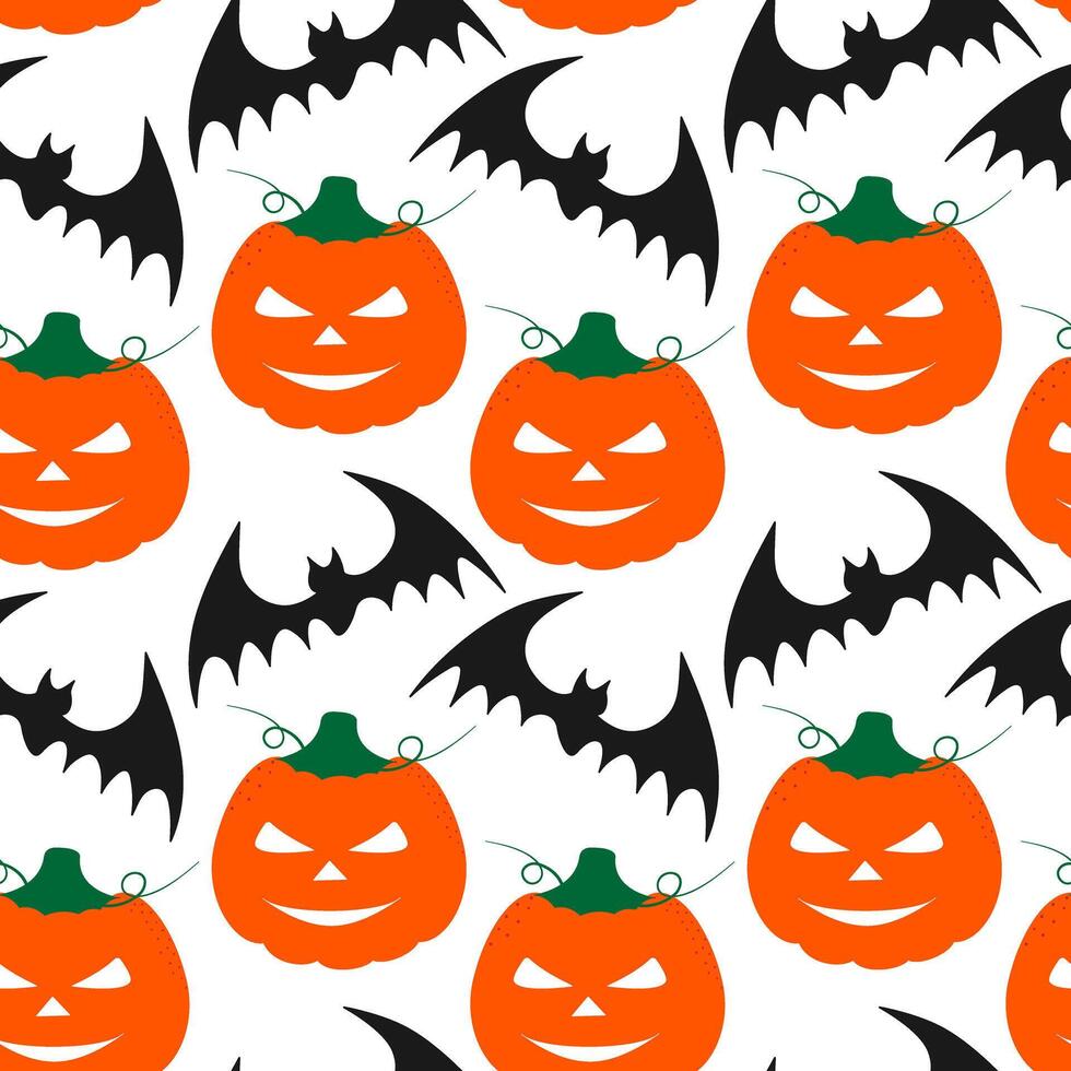 Hand Drawn Halloween pumpkin with and bat Seamless Pattern Halloween Holiday Festive Backdrop idea. Isolated illustration Halloween Greeting Background Party invite or banner, leaflets, price vector