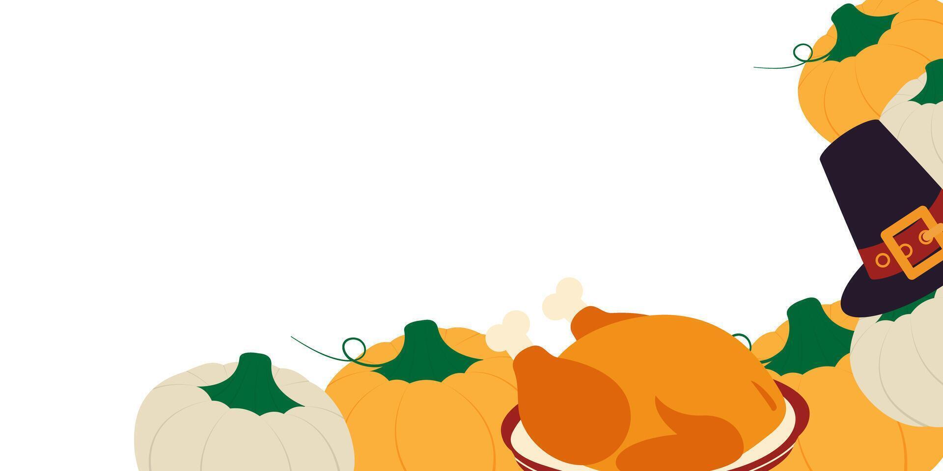 Hand Drawn Multicolored Pumpkins Fried Turkey on plate and Pilgrim Hat Corner Frame border Copyspace. Isolated illustration Thanksgiving Greeting Cards Party invites or banner, leaflet, labels vector