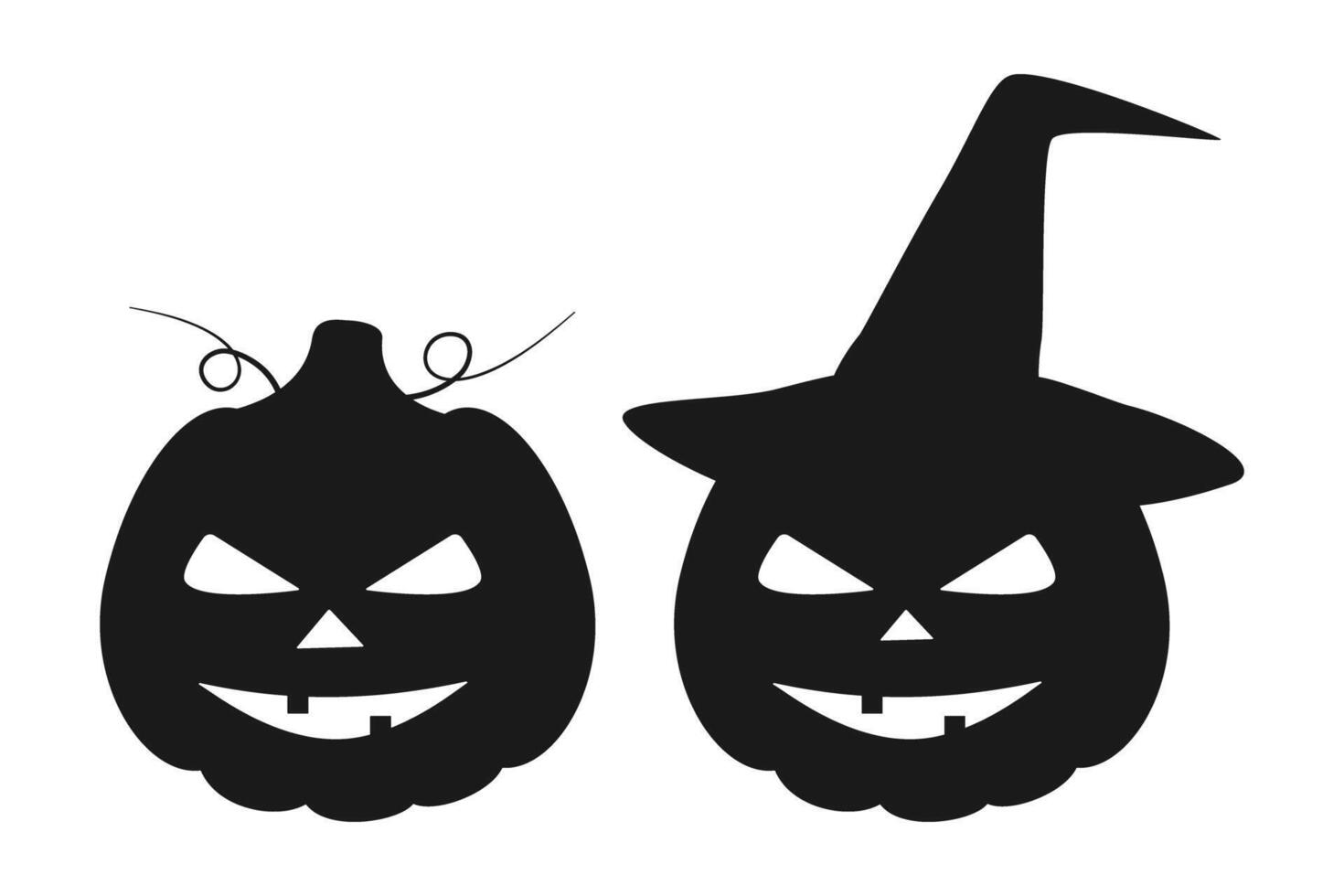 Halloween pumpkin silhouette with and without witch hat Minimalistic Halloween Icon Logo Sticker Set. Isolated illustration Halloween Themes Cards Party invites or promo banner, leaflets, label vector