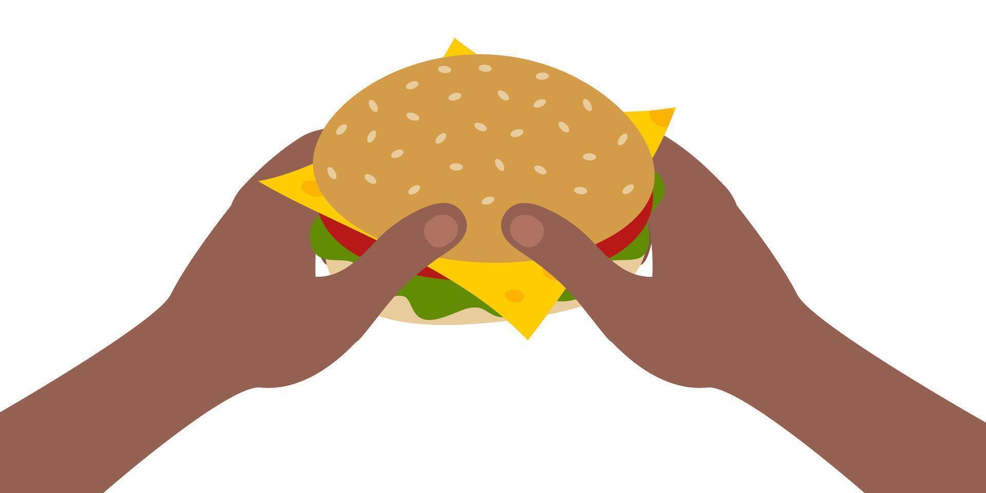 Afro American Mens Hands Holding Cheese burger with vegetables and greens Fast Food Delivery design. Isolated illustration Fast Food Related advertising content Menu cards, price tag, leaflets vector
