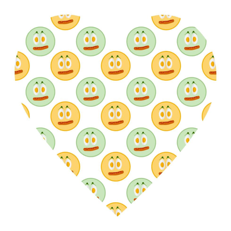 Hand Drawn Boiled Egg slices and grill sausage like smileys Seamless pattern on Heart shape Backdrop. Isolated illustration Motivation or Food Thematic Cards Banners, leaflets, label, price tag vector
