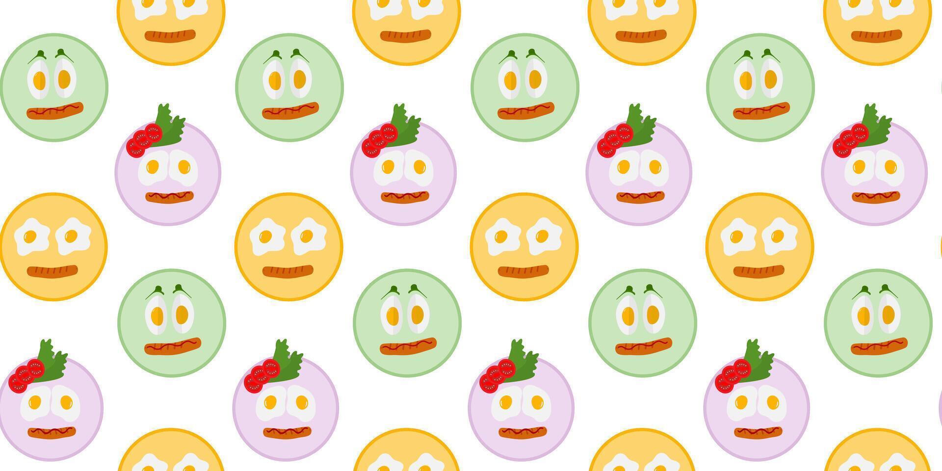Fried egg and Boiled Eggs like smile emoticon on plate Seamless Pattern Motivation Cards Background. Isolated illustration Food Related content and advertising Menu cards, price tag, leaflets vector