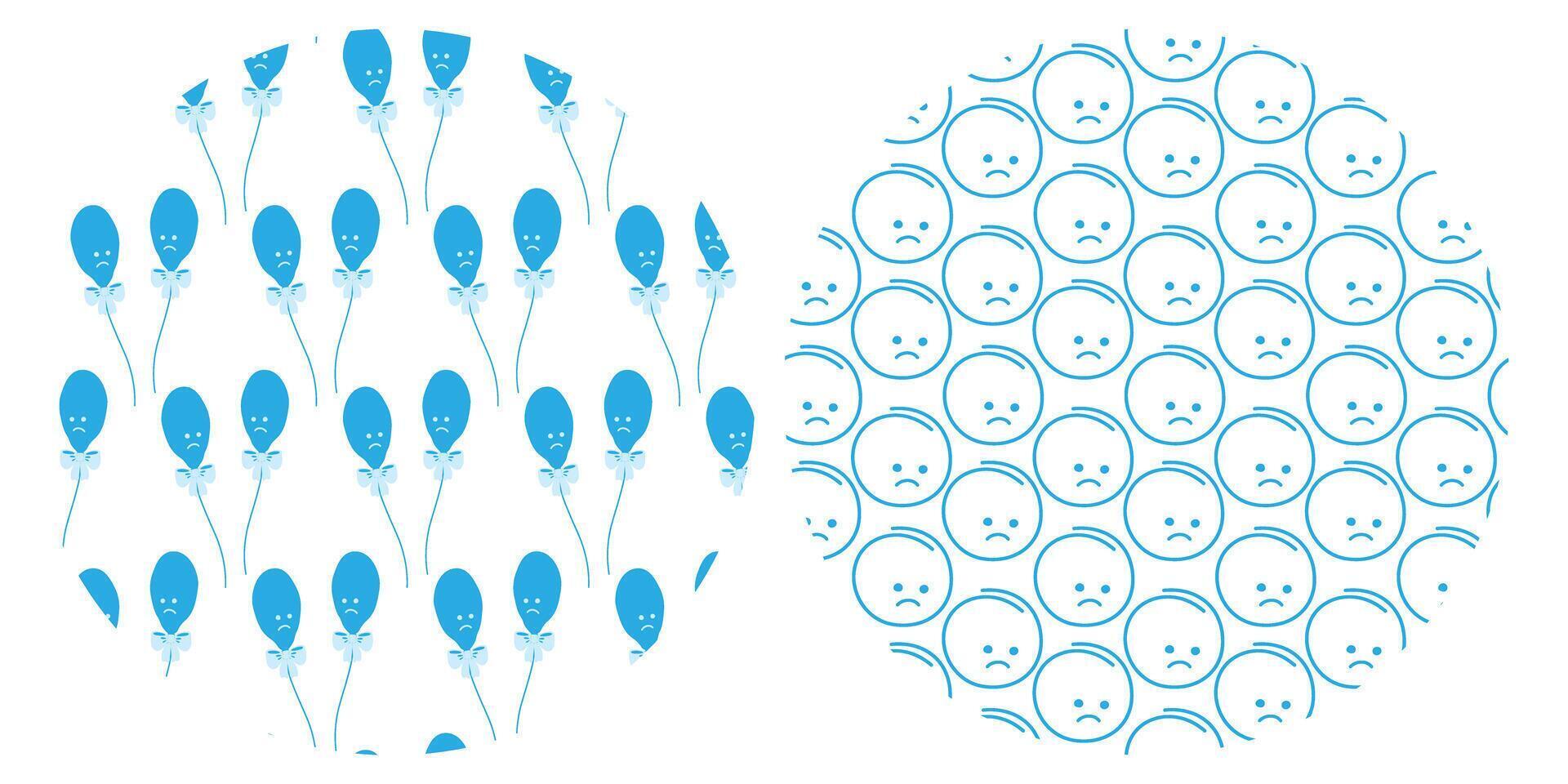 Blue Balloons with tied ribbon bow and Unhappy Smileys Seamless Patterns on Circle Backgrounds Set. Isolated Backdrops Blue Monday or Birthdays Greetings Party invites, banners, leaflets, tag vector
