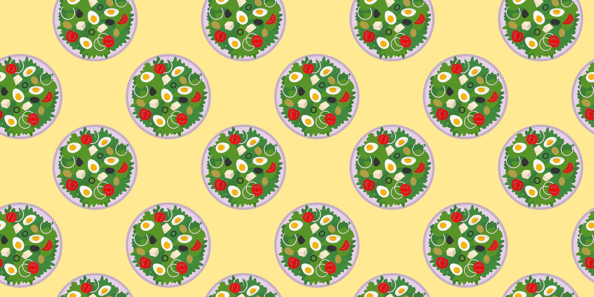 Hard Boiled Egg slices and Vegetables Salad Seamless Pattern Healthy Food Banner or leaflet Backdrop. Isolated illustration Healthy Eating or Delivery Themes Background, banner, leaflets, price vector