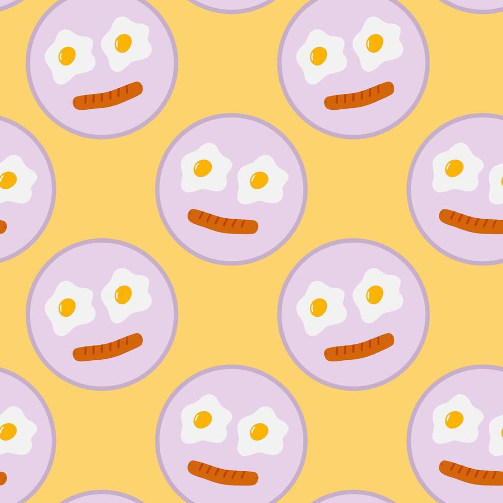Fried Eggs and sausage Cute emoticons Seamless Pattern Motivation or Manu Cards Thematic Background. Isolated illustration Food or Breakfast Menu Cards Party invites or banner, leaflets, labels vector
