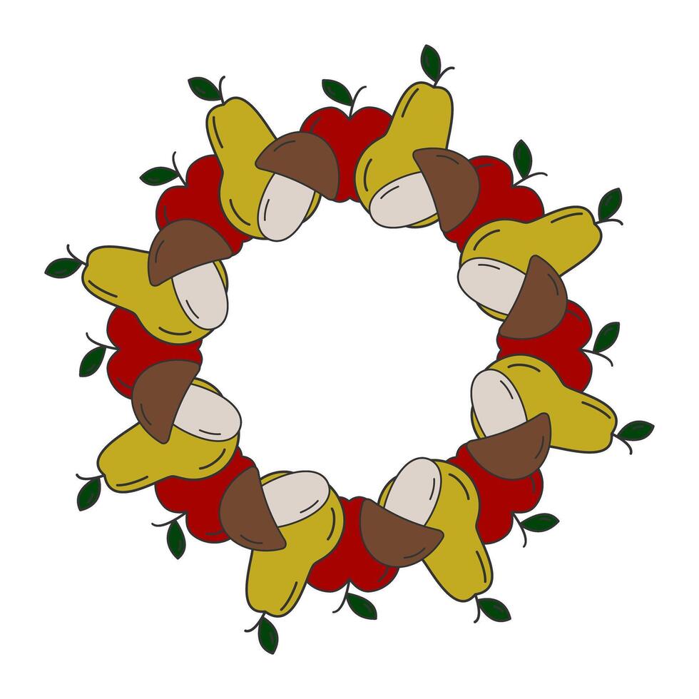 Hand Drawn Apple Pear and Mushrooms Circular Frame Border Minimalistic Pop art Template Copy space. Isolated illustration Autumn Holiday Themes Cards Party invite or banner, leaflets, price tag vector