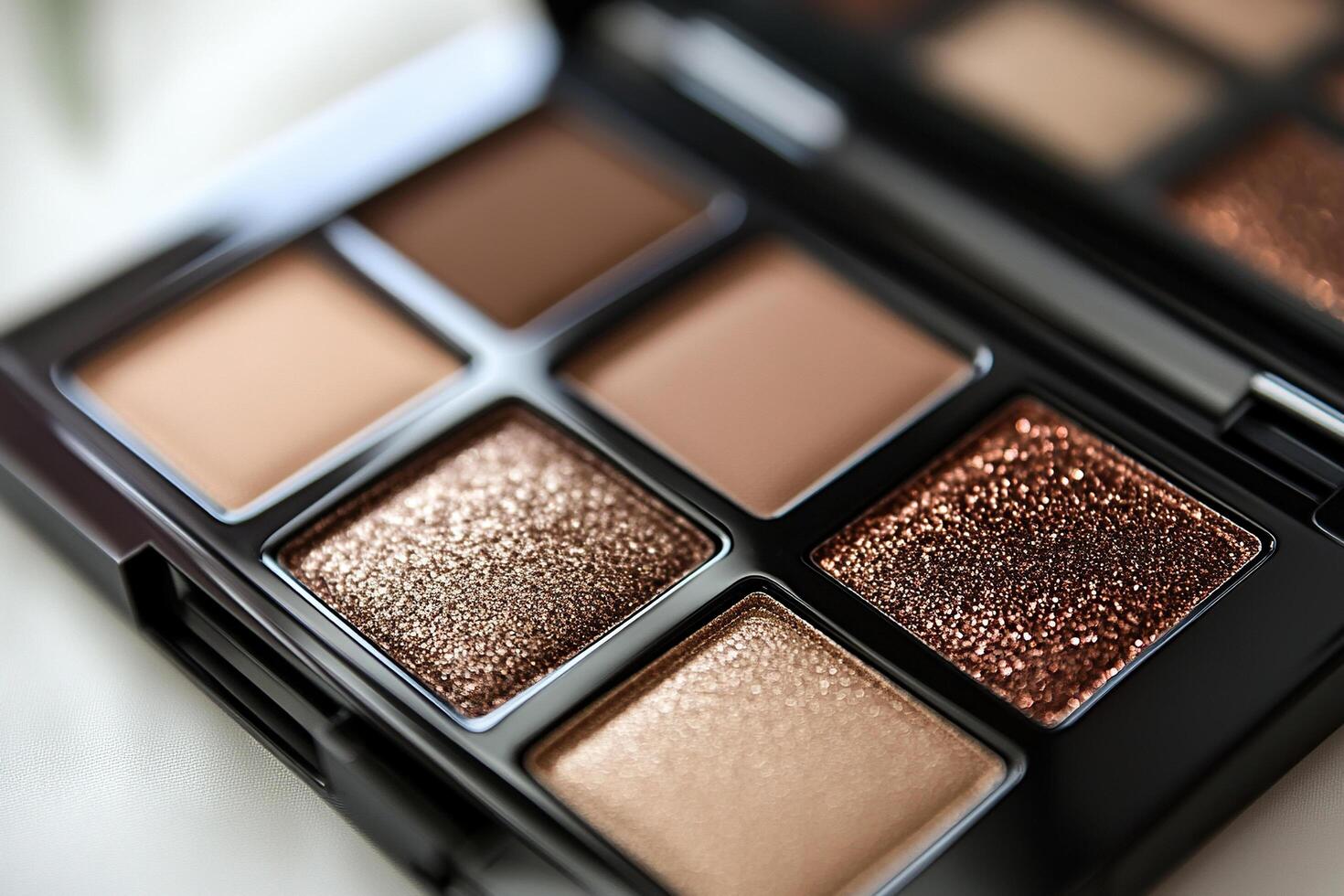 Eyeshadow palette in natural brown shades with shimmer. photo