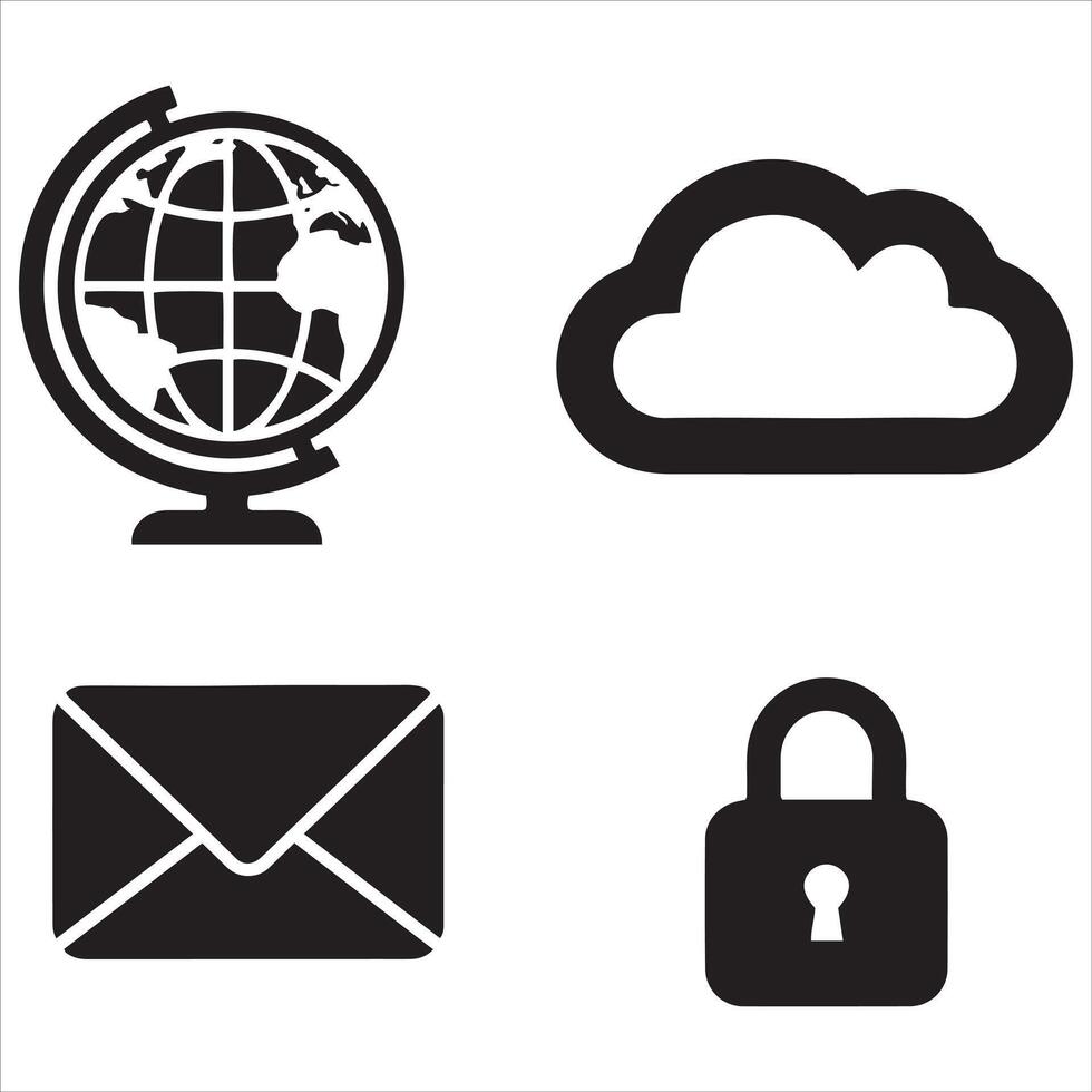Four common digital icons representing global communication cloud storage messaging and security vector