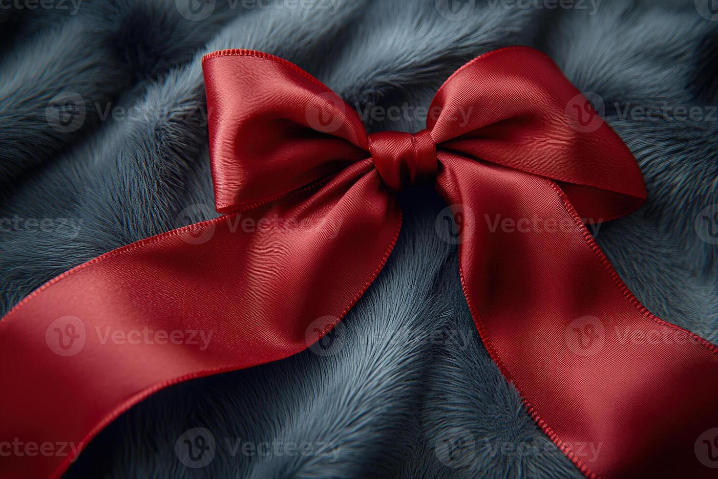 Red bow with ribbon lies on mink coat. Concept of expensive gifts. photo