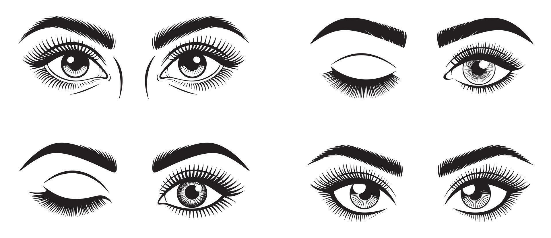Black and White Silhouettes of Eyes with Various Expressions and Eyelashes vector