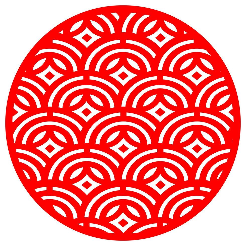 Traditional circular Japanese geometric pattern with red symmetrical arches and diamonds on a white background vector