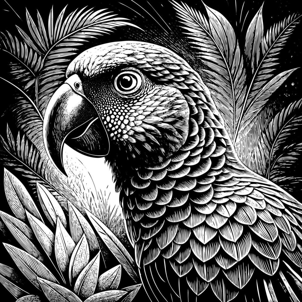Artistic Black and White Parrot Sketch with High Contrast Detailing vector