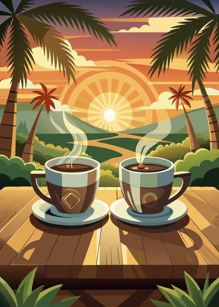 Morning coffee in tropical paradise with sunrise over mountains and palm trees vector