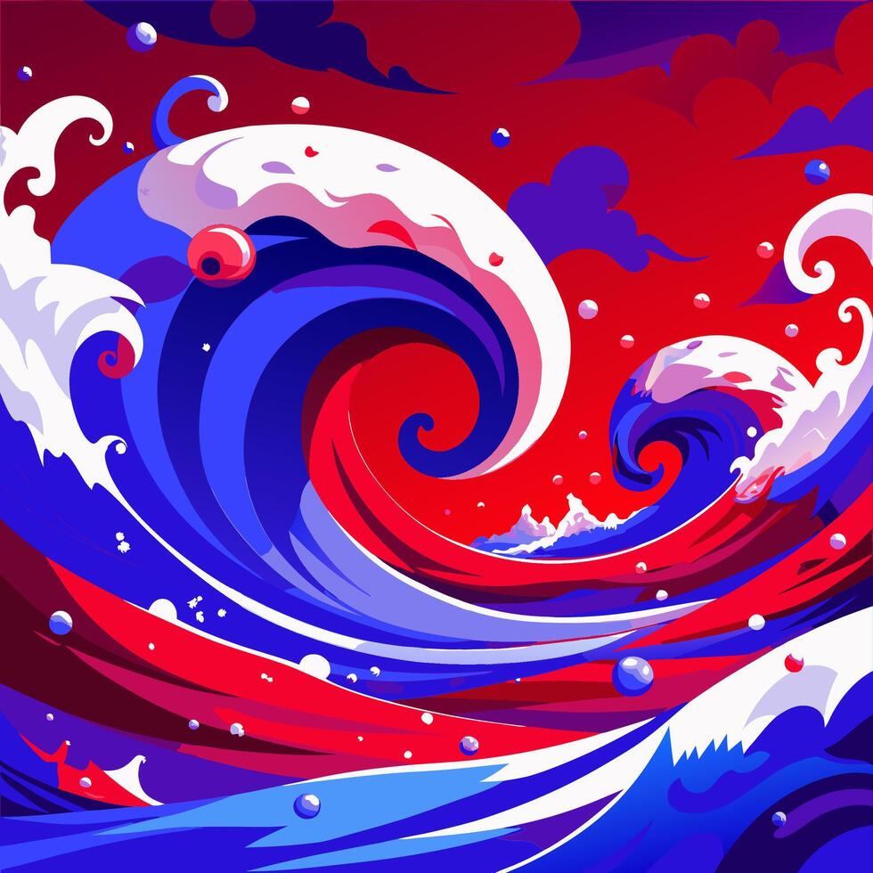 Energetic Ocean Waves with Red and Blue Hues Creating a Dramatic Scene vector