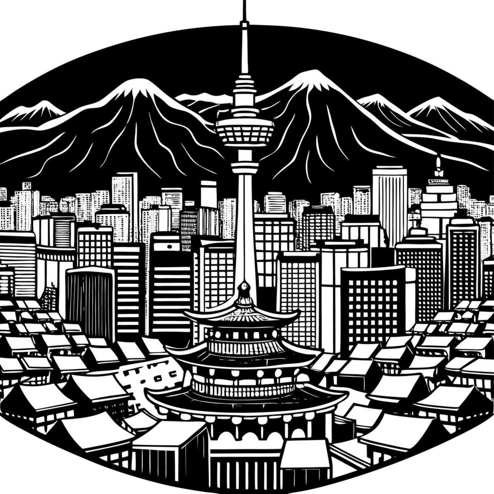 A detailed black and white illustration of a traditional Japanese cityscape with pagodas, modern skyscrapers, and mountains in the background vector