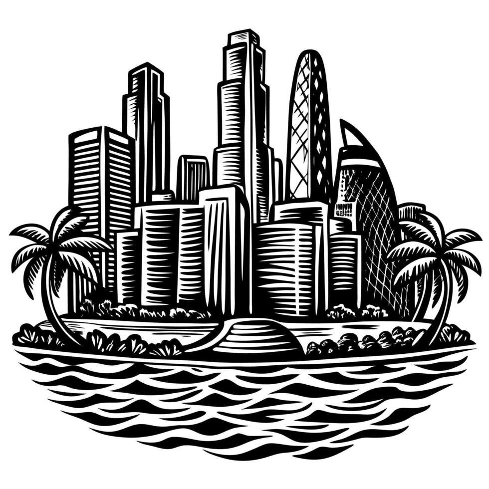 A bold black and white illustration of a futuristic cityscape with towering skyscrapers and palm trees along the waterfront vector