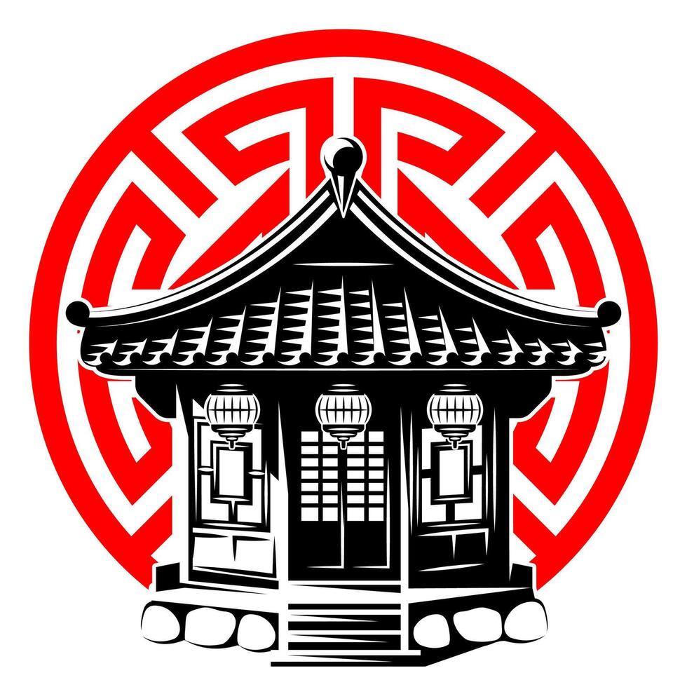Traditional East Asian pagoda with ornate roof, paper lanterns and geometric red circle background in modern art style vector