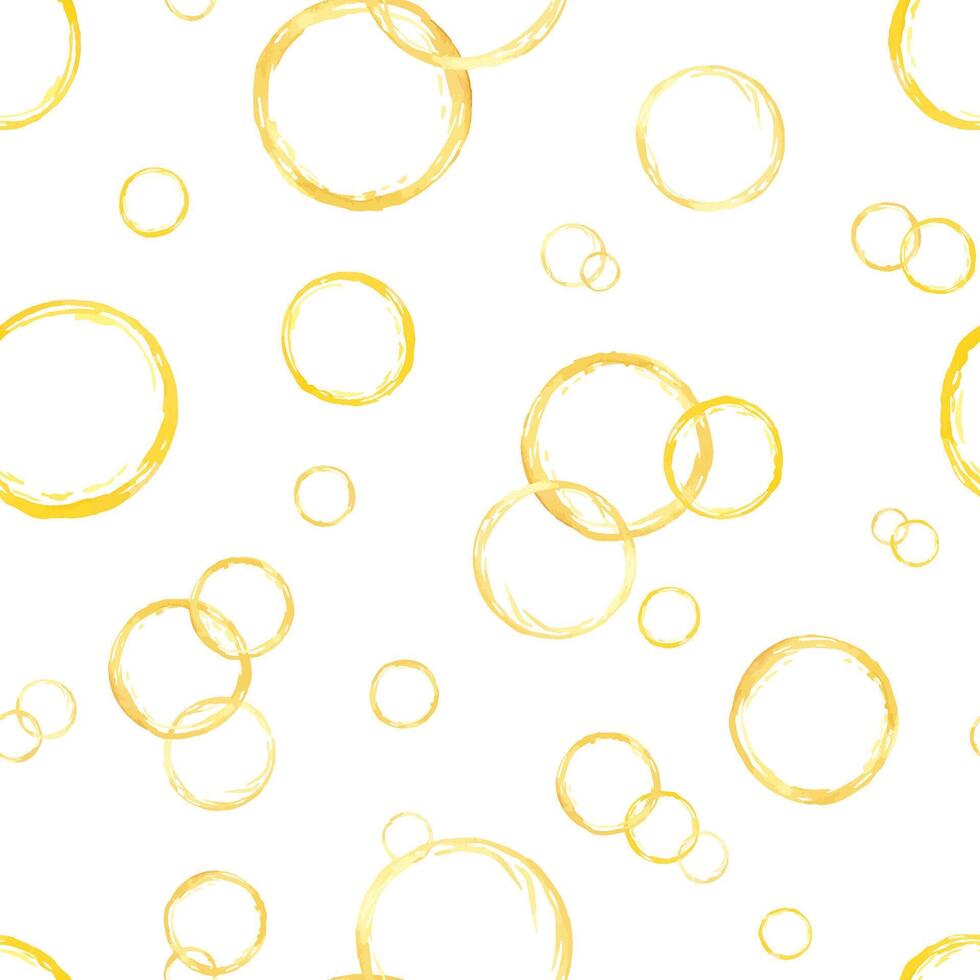 Seamless watercolor pattern with chaotic flying thin yellow circles isolated background. Hand painted juice silhouette illustration for joyful packaging, kids room decor, stationery design vector