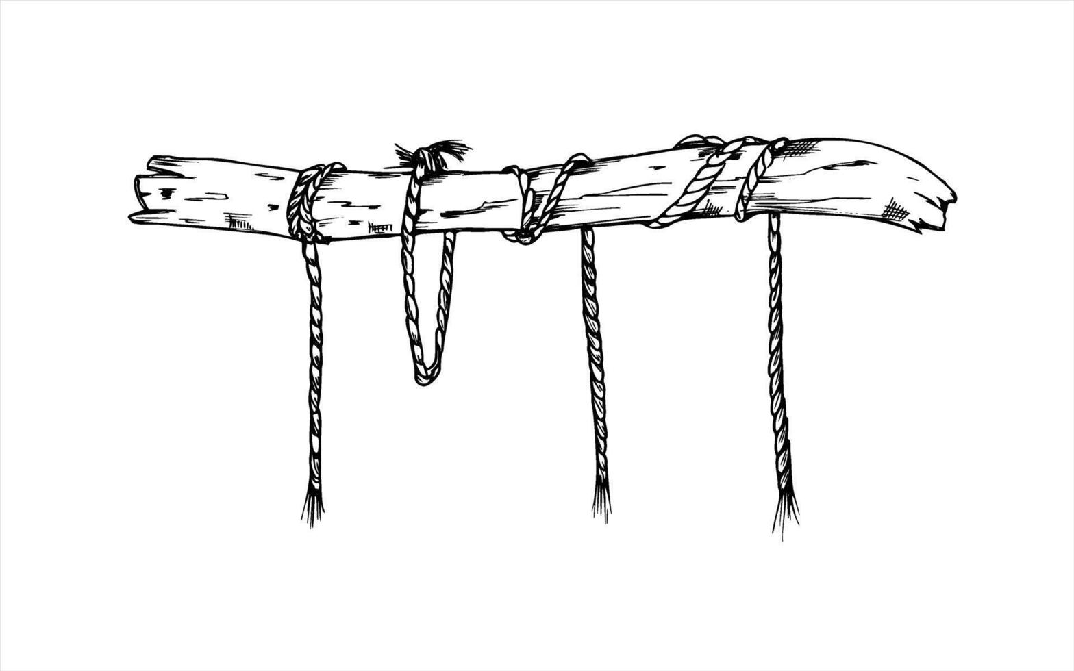 Dried wooden stick tied with rope and hanging ends monochrome illustration painted by black inks. Decorative old tree branch etching drawing for boho decor, craft projects, eco packaging vector