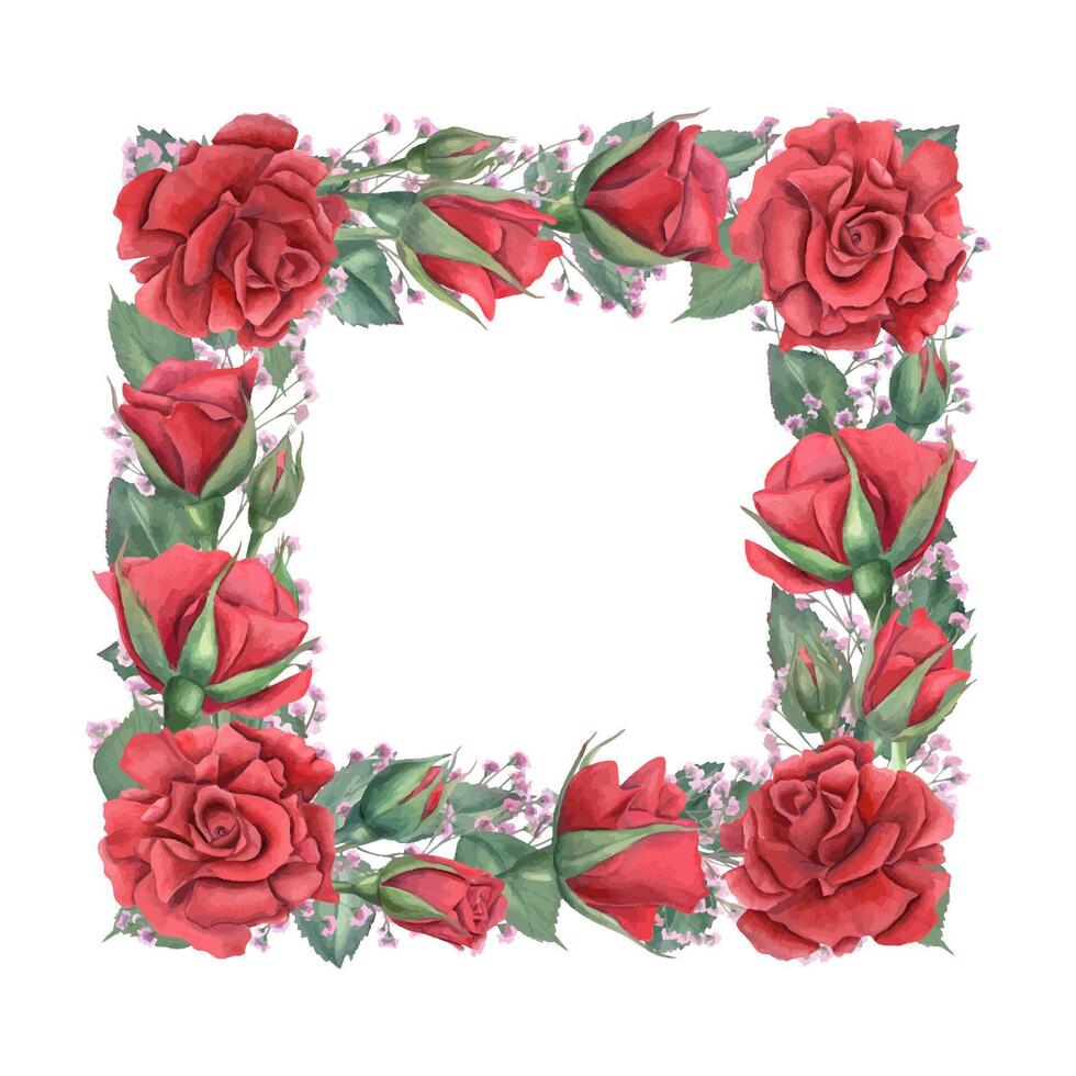 Red roses and pink gypsophila square watercolor frame with blank center for text. Floral illustration for wedding invitations, Valentine cards, Mother Day greetings, and romantic announcement vector