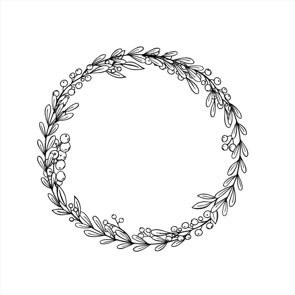Floral doodle wreath with leaf branch and berries monochrome illustration. Minimalistic round frame with abstract plants in linear style. Blank space for text. For greeting cards, invitation vector