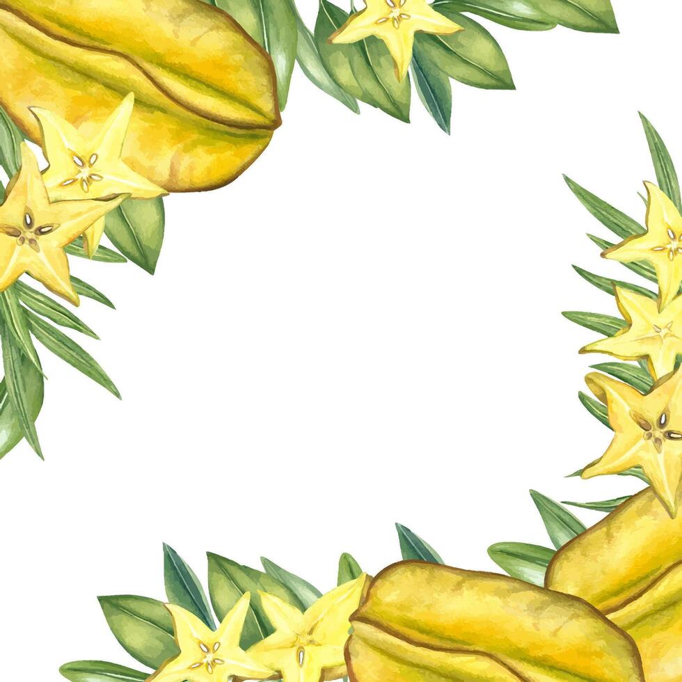 Whole and sliced starfruits, leaves square watercolor frame isolated background. Tropical fruits border with blank space for text. For food packaging, menus, fresh juice summer event invitation vector