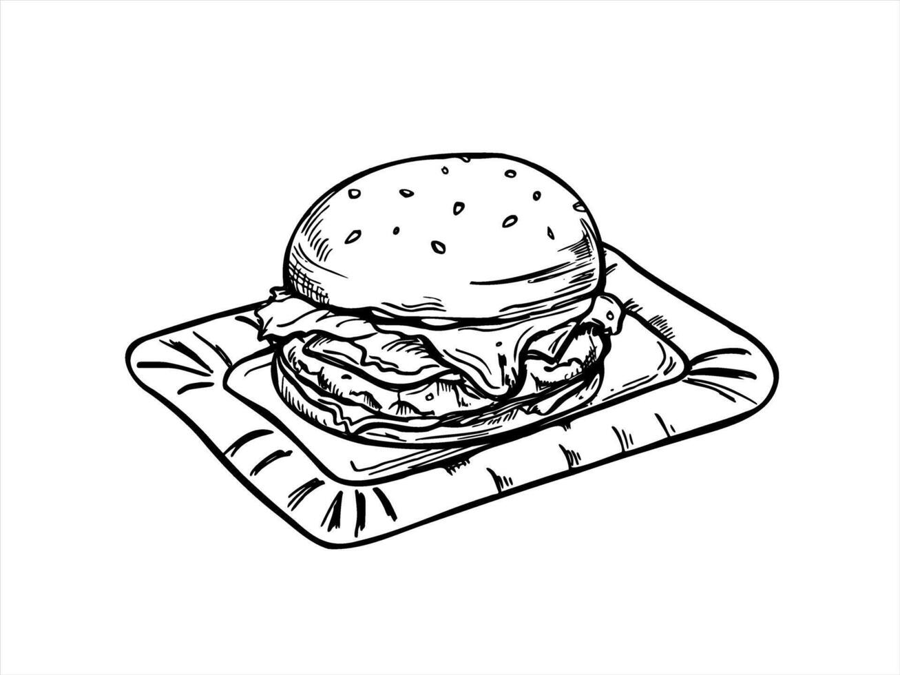 Monochrome smash burger served on rectangle paper plate illustration painted by black inks. BBQ sandwich with sesame seeds for for food menus, packaging, family weekend concept vector