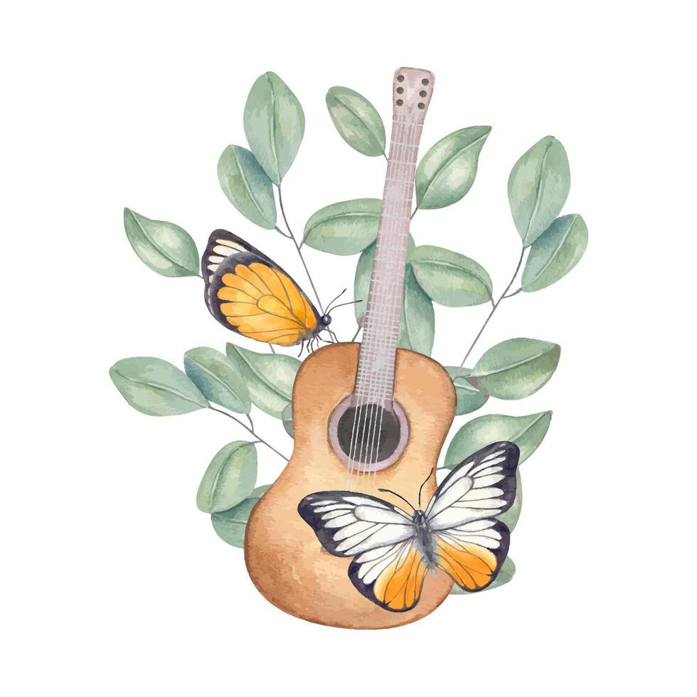 Six string guitar with eucalyptus bouquet and butterflies romantic watercolor composition isolated background. Hand painted musical instrument sketch for music festival posters, wedding invitations vector
